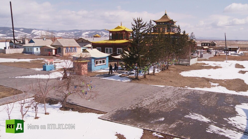 Arial view of Ivolginsky Datsan buddhist monastery in Buryatia, Russia. Still taken from RTD documentary Searching for a Miracle.