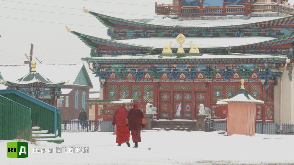Ivolginsky Datsan, a buddhist monastery in Burytia, Russia, in the snow. Still taken from RTD documentary Searching for a Miracle.