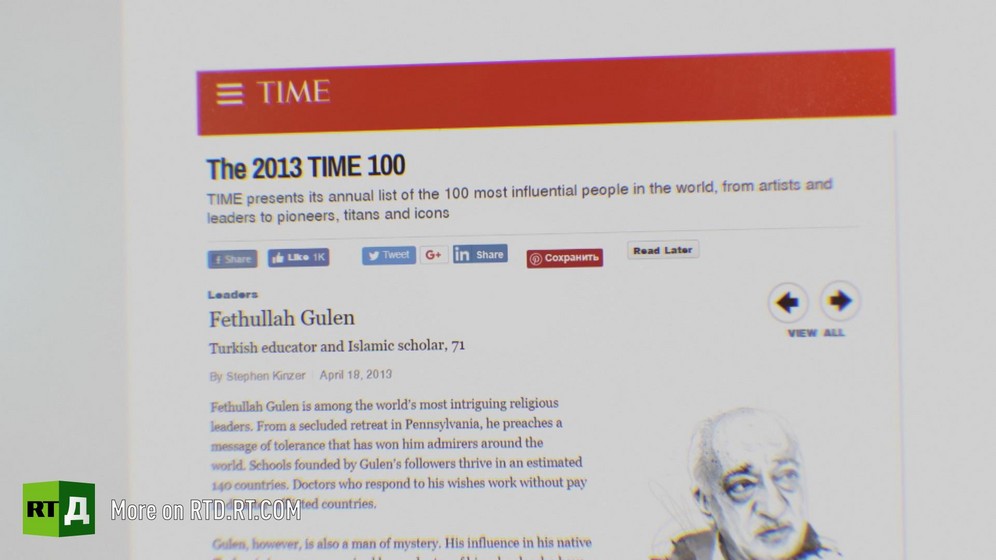 Top half of a page of Time Magazine on Time's 100 for 2013 listing Fethullah Gulen as an 'Islamic scholar and educator'. Still taken from RTD's documentary series on Fethullah Gulen, The Gulen Mystery, Episode 2: Gulen's Hizmet Movement.