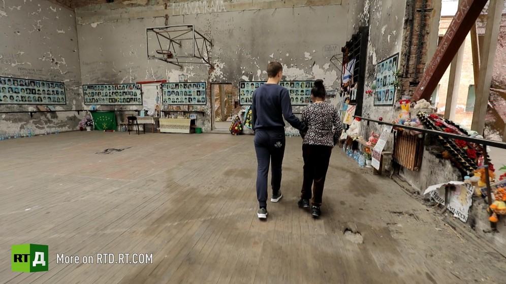 Shrine to the victims at the Beslan school sports hall where the terror attack took place. Still taken from RTD documentary Living for the Angels.