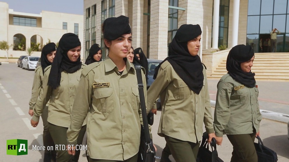 Female Palestinian cadets marching in uniform at Al-Istiqlal university in Jericho. Still taken from RTD documentary Palestine Seeking Recognition series.