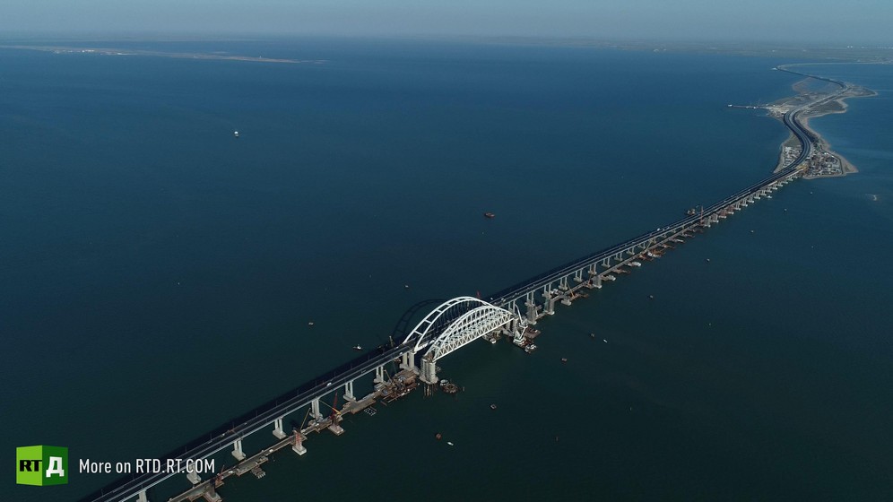 Crimea Bridge arch, an aerial view over the Kerch Straits. Still taken from RTD documentary The Bridge.