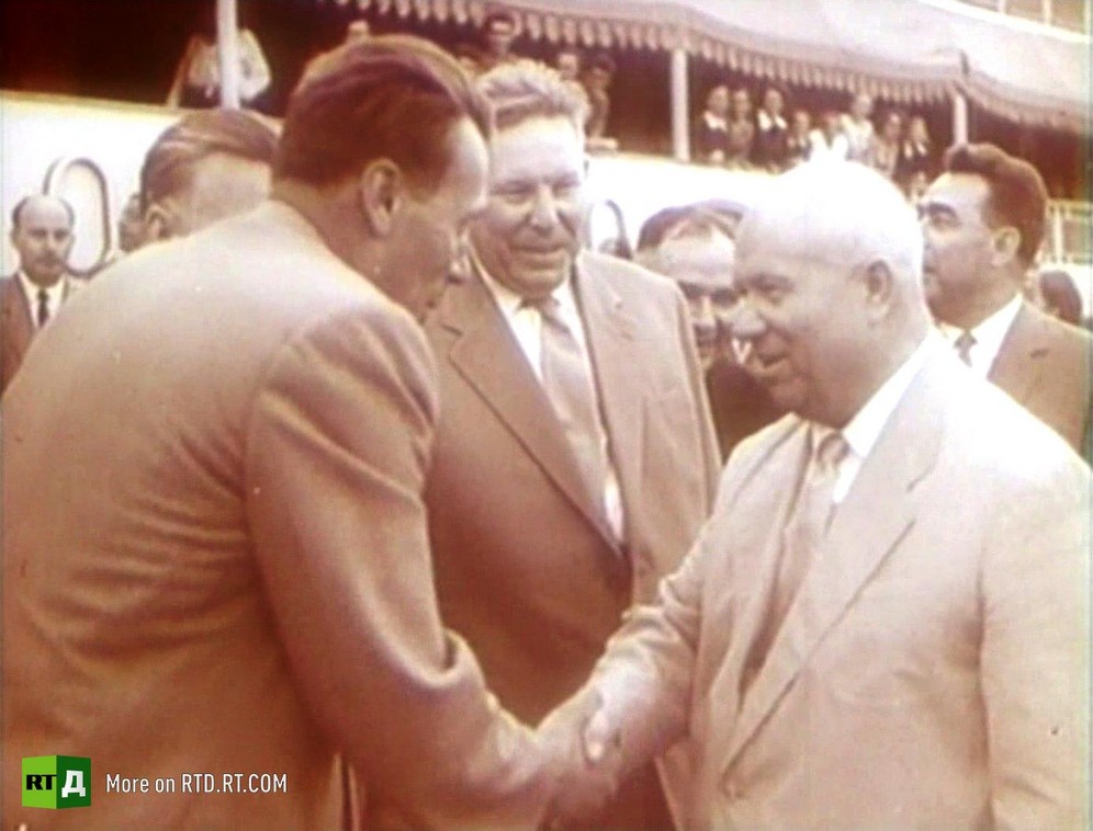 Ekranoplan engineer Rostislav Alexeyev shakes hands with Soviet Premier Nikita Khrushchev at a display of ekranoplans in 1962.