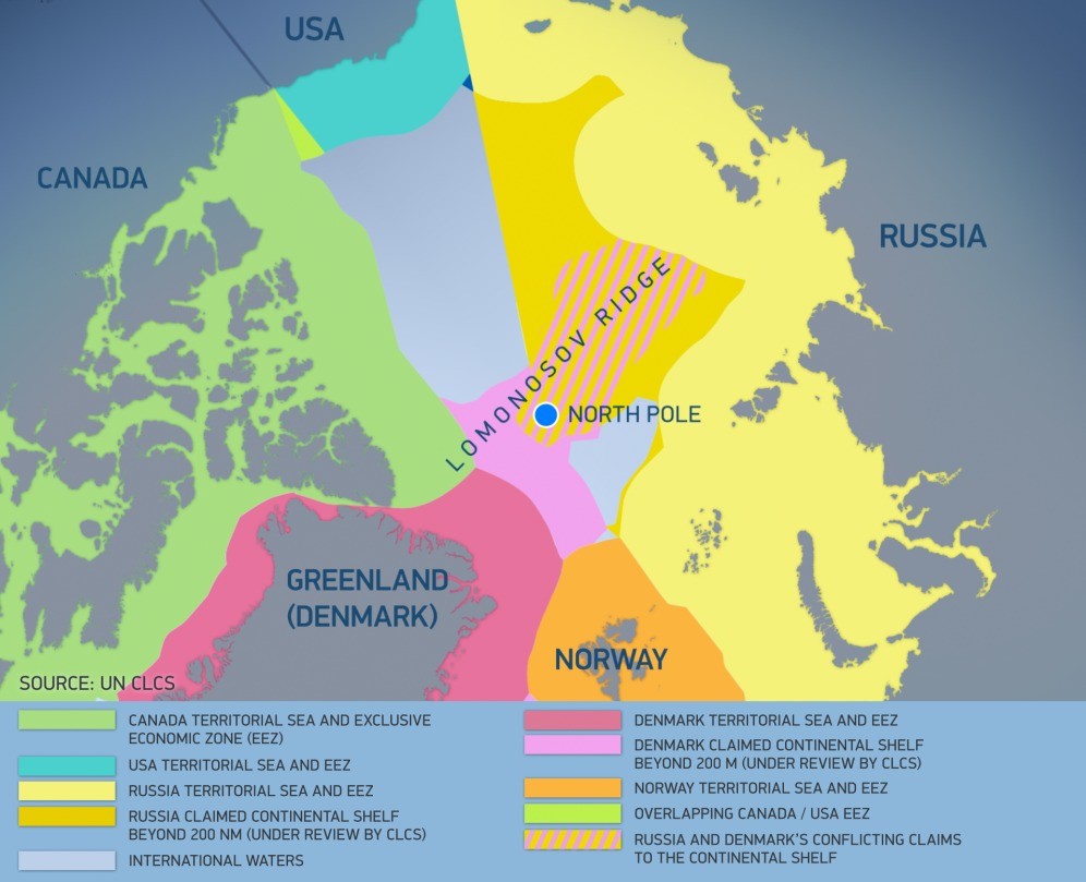 The map shows maritime jurisdiction and boundaries in the Arctic region and potential areas of continental shelf beyond 200 nautical miles