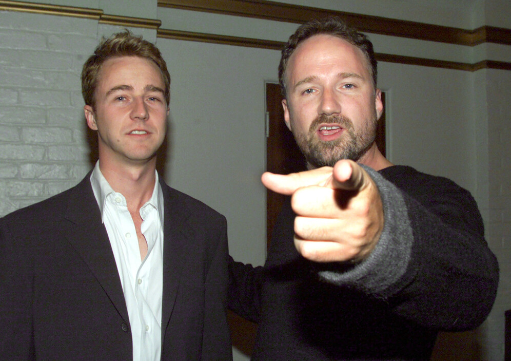 Actor Edward Norton poses with the film's director David Fincher at the film's premiere October 6, 1999 in Los Angeles
