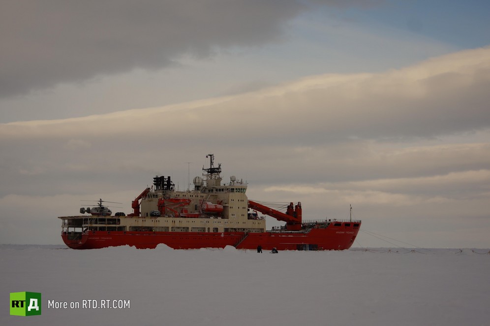The Akademik Tryoshnikov is wedged into an Arctic Ocean ice floe.