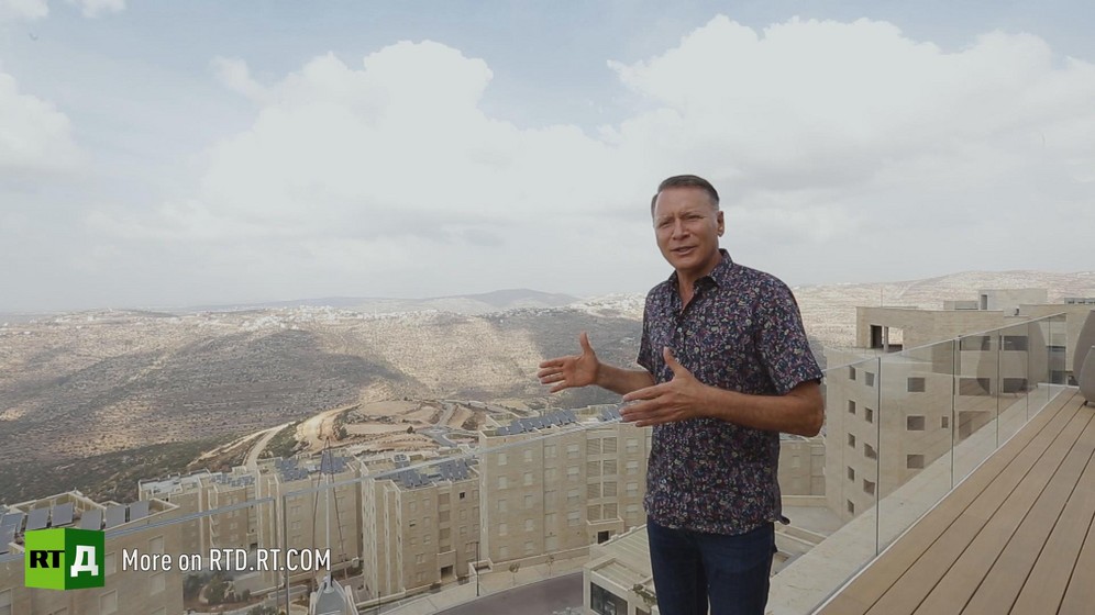 Bashar Masri above the Palestinian new town of Rawabi. Still taken from RTD documentary Palestine in Seeking Recognition series.