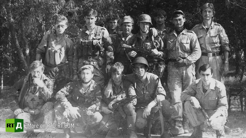 Black and white photograph of a group of Transnistrian soldiers who fought during the 1992 war between Prenestrovia and Moldova. Still taken from RTD documentary Seeking Recognition: Transnistria. 