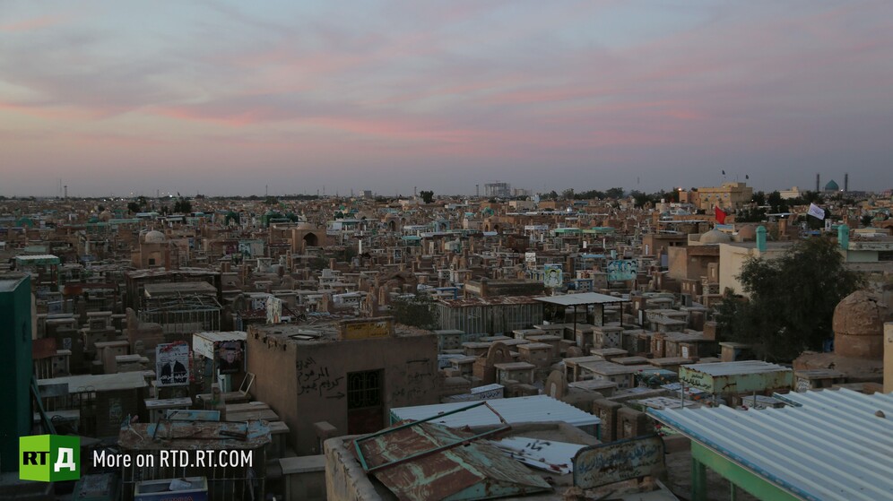 Wadi Al-Salam cemetery in Najaf, Iraq. Arial view. Still taken while filming the RTD documentary Sons of the Graveyard.