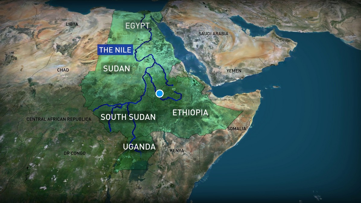 The River Nile has two main tributaries – the White Nile, rising in the African Great Lakes region, and the Blue Nile, beginning in Ethiopia. The Grand Ethiopian Renaissance Dam, marked as a blue dot on the map, is due to become Africa’s largest hydroelectric power plant. 