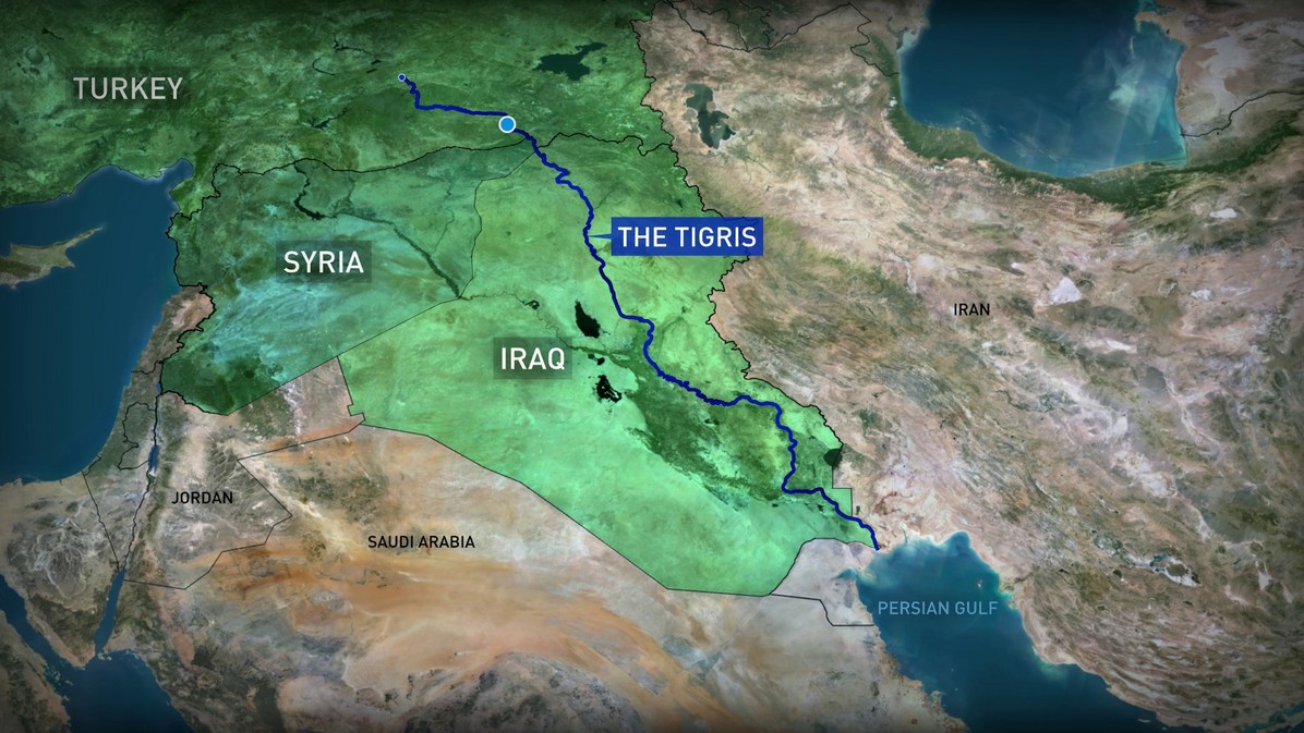 Turkey’s Ilisu Dam on the Tigris, marked by a blue dot on the map, is expected to disrupt the flow of water into downstream Iraq. 
