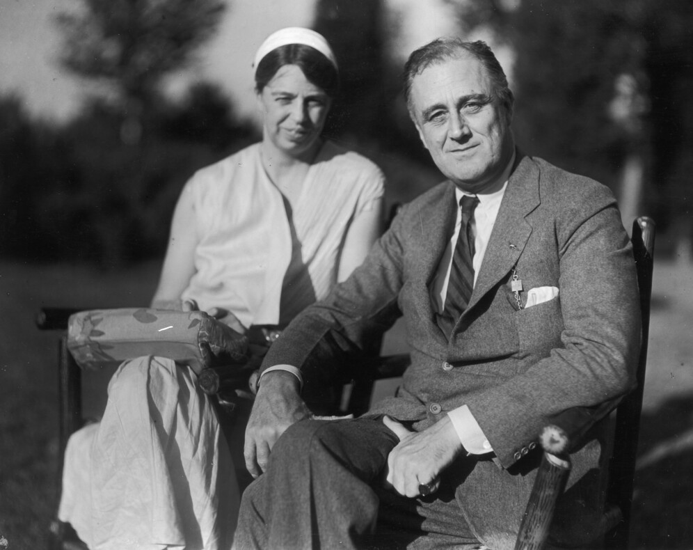 Portrait of President Franklin D. Roosevelt and wife Eleanor Roosevelt seated in garden, circa 1930s 