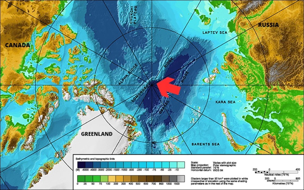 Lomonosov Ridge (marked with red arrow) and Bathymetric map of the Arctic Ocean 