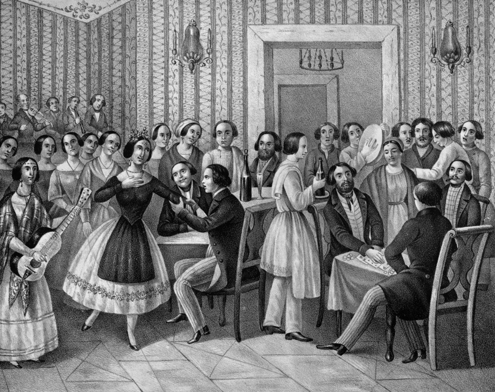 Gypsy musicians and dancers mingling with Russian merhcants in a tavern, 19th century lithography.